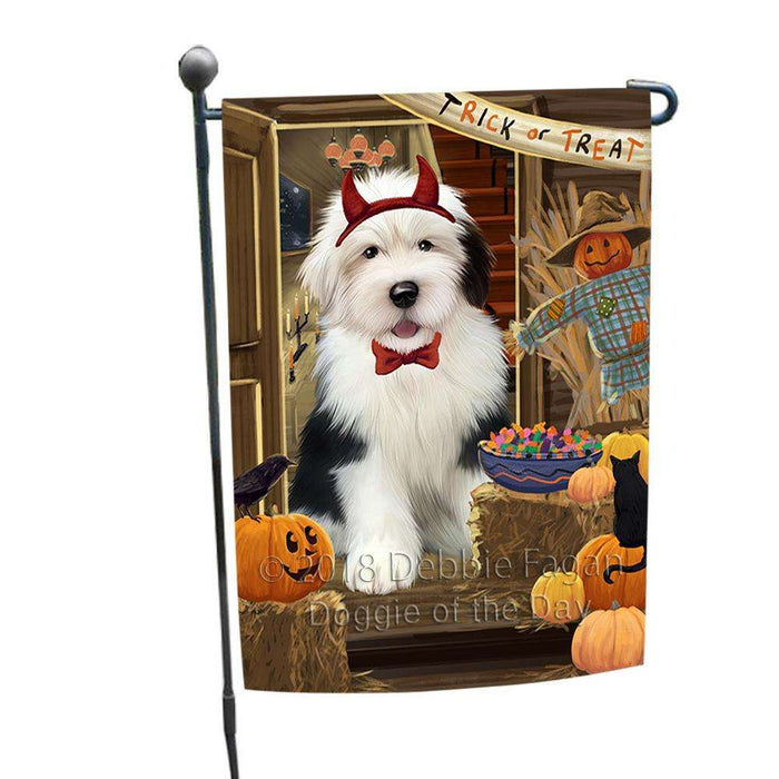 Enter at Own Risk Trick or Treat Halloween Old English Sheepdog Garden Flag GFLG53264