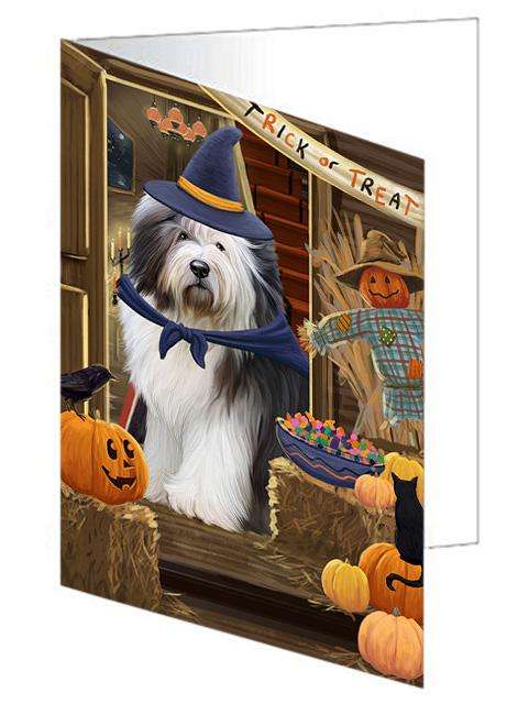 Enter at Own Risk Trick or Treat Halloween Old English Sheepdog Handmade Artwork Assorted Pets Greeting Cards and Note Cards with Envelopes for All Occasions and Holiday Seasons GCD63626