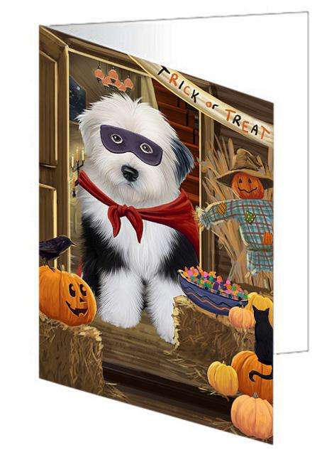 Enter at Own Risk Trick or Treat Halloween Old English Sheepdog Handmade Artwork Assorted Pets Greeting Cards and Note Cards with Envelopes for All Occasions and Holiday Seasons GCD63629