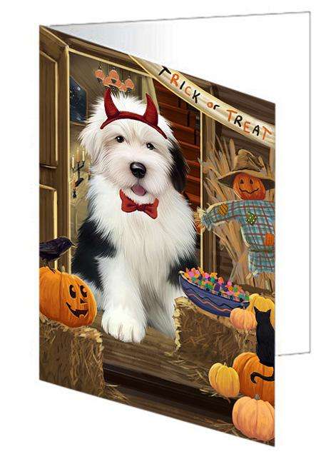 Enter at Own Risk Trick or Treat Halloween Old English Sheepdog Handmade Artwork Assorted Pets Greeting Cards and Note Cards with Envelopes for All Occasions and Holiday Seasons GCD63635