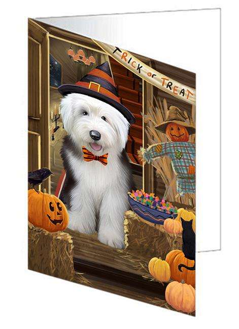 Enter at Own Risk Trick or Treat Halloween Old English Sheepdog Handmade Artwork Assorted Pets Greeting Cards and Note Cards with Envelopes for All Occasions and Holiday Seasons GCD63638