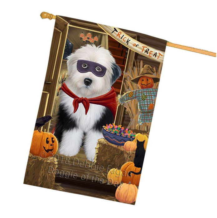 Enter at Own Risk Trick or Treat Halloween Old English Sheepdog House Flag FLG53398