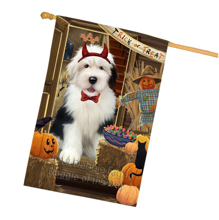 Enter at Own Risk Trick or Treat Halloween Old English Sheepdog House Flag FLG53400