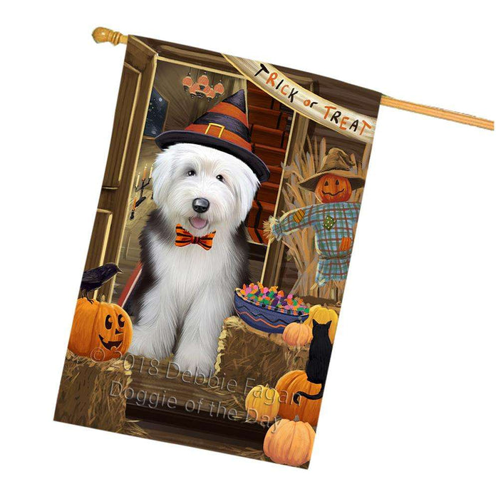 Enter at Own Risk Trick or Treat Halloween Old English Sheepdog House Flag FLG53401