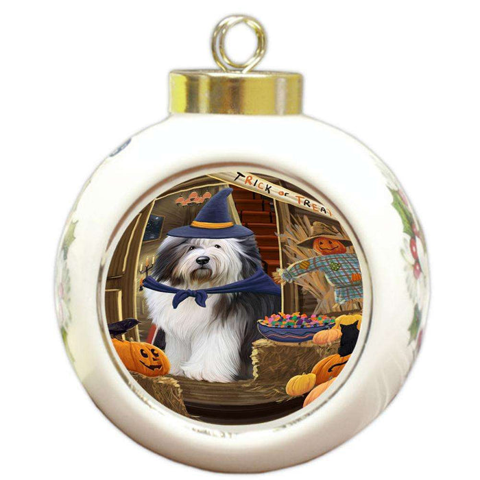 Enter at Own Risk Trick or Treat Halloween Old English Sheepdog Round Ball Christmas Ornament RBPOR53199