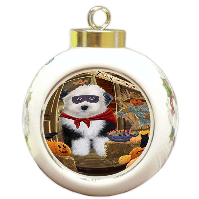 Enter at Own Risk Trick or Treat Halloween Old English Sheepdog Round Ball Christmas Ornament RBPOR53200