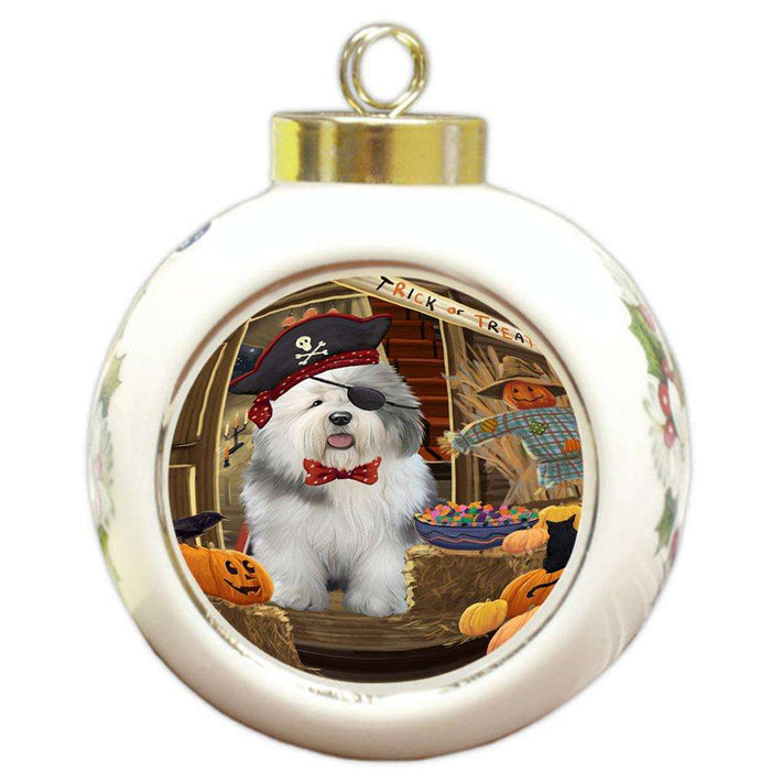 Enter at Own Risk Trick or Treat Halloween Old English Sheepdog Round Ball Christmas Ornament RBPOR53201