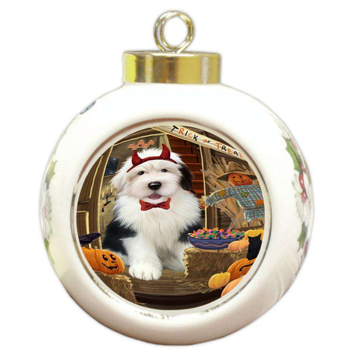 Enter at Own Risk Trick or Treat Halloween Old English Sheepdog Round Ball Christmas Ornament RBPOR53202