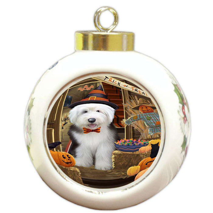 Enter at Own Risk Trick or Treat Halloween Old English Sheepdog Round Ball Christmas Ornament RBPOR53203