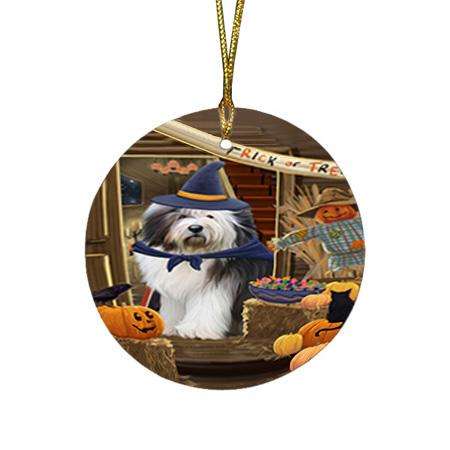 Enter at Own Risk Trick or Treat Halloween Old English Sheepdog Round Flat Christmas Ornament RFPOR53190