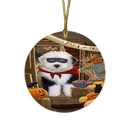 Enter at Own Risk Trick or Treat Halloween Old English Sheepdog Round Flat Christmas Ornament RFPOR53191