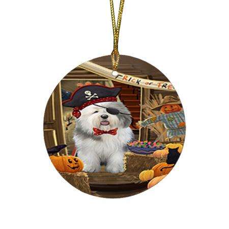 Enter at Own Risk Trick or Treat Halloween Old English Sheepdog Round Flat Christmas Ornament RFPOR53192