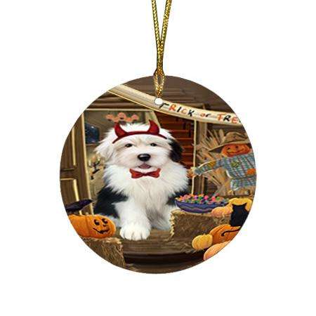 Enter at Own Risk Trick or Treat Halloween Old English Sheepdog Round Flat Christmas Ornament RFPOR53193