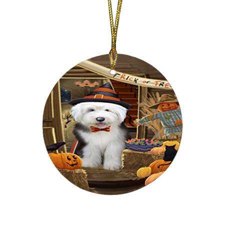 Enter at Own Risk Trick or Treat Halloween Old English Sheepdog Round Flat Christmas Ornament RFPOR53194