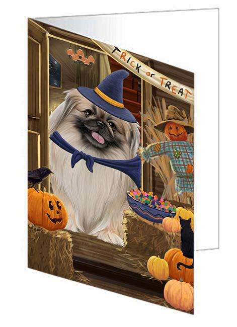 Enter at Own Risk Trick or Treat Halloween Pekingese Dog Handmade Artwork Assorted Pets Greeting Cards and Note Cards with Envelopes for All Occasions and Holiday Seasons GCD63641