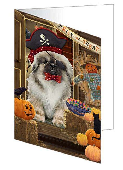 Enter at Own Risk Trick or Treat Halloween Pekingese Dog Handmade Artwork Assorted Pets Greeting Cards and Note Cards with Envelopes for All Occasions and Holiday Seasons GCD63647