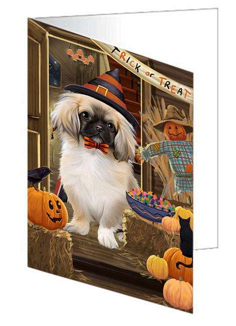Enter at Own Risk Trick or Treat Halloween Pekingese Dog Handmade Artwork Assorted Pets Greeting Cards and Note Cards with Envelopes for All Occasions and Holiday Seasons GCD63653