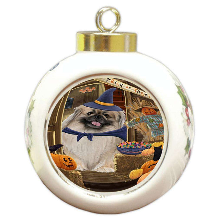 Enter at Own Risk Trick or Treat Halloween Pekingese Dog Round Ball Christmas Ornament RBPOR53204