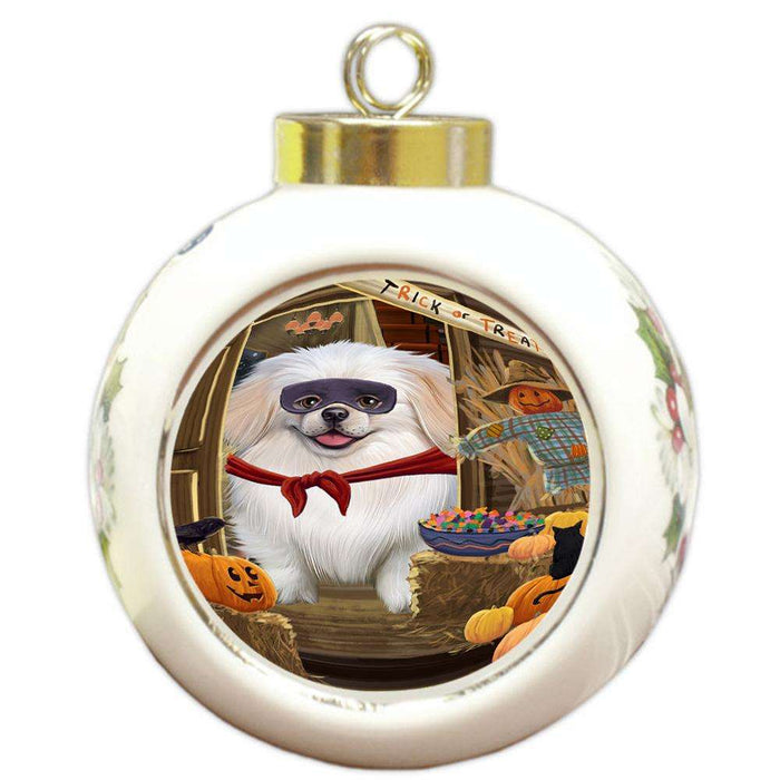 Enter at Own Risk Trick or Treat Halloween Pekingese Dog Round Ball Christmas Ornament RBPOR53205