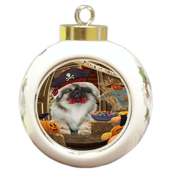 Enter at Own Risk Trick or Treat Halloween Pekingese Dog Round Ball Christmas Ornament RBPOR53206