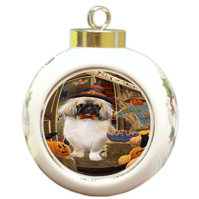 Enter at Own Risk Trick or Treat Halloween Pekingese Dog Round Ball Christmas Ornament RBPOR53208