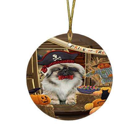 Enter at Own Risk Trick or Treat Halloween Pekingese Dog Round Flat Christmas Ornament RFPOR53197