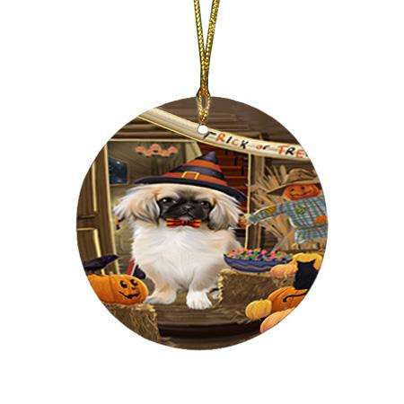 Enter at Own Risk Trick or Treat Halloween Pekingese Dog Round Flat Christmas Ornament RFPOR53199