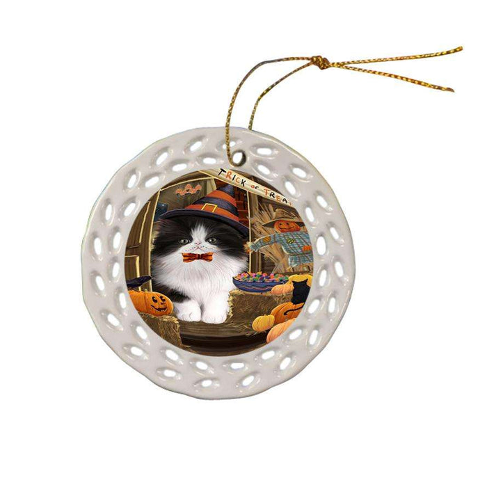 Enter at Own Risk Trick or Treat Halloween Persian Cat Ceramic Doily Ornament DPOR53213