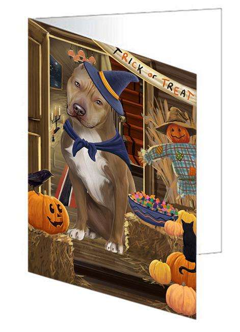 Enter at Own Risk Trick or Treat Halloween Pit Bull Dog Handmade Artwork Assorted Pets Greeting Cards and Note Cards with Envelopes for All Occasions and Holiday Seasons GCD63671