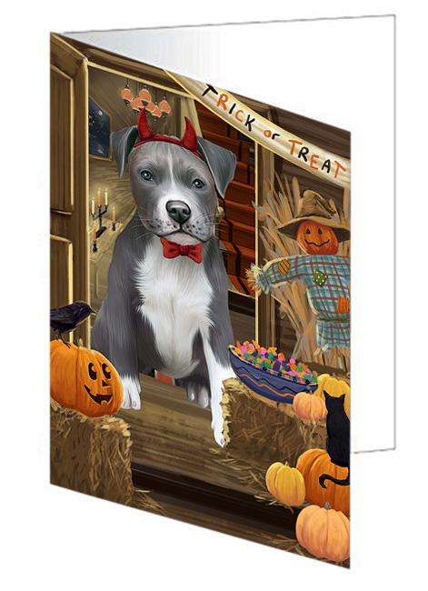 Enter at Own Risk Trick or Treat Halloween Pit Bull Dog Handmade Artwork Assorted Pets Greeting Cards and Note Cards with Envelopes for All Occasions and Holiday Seasons GCD63680
