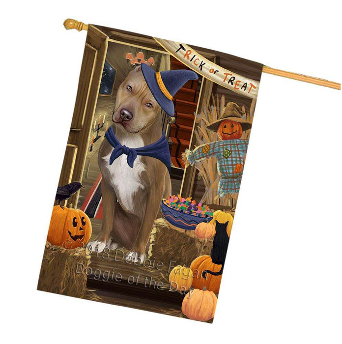 Enter at Own Risk Trick or Treat Halloween Pit Bull Dog House Flag FLG53412