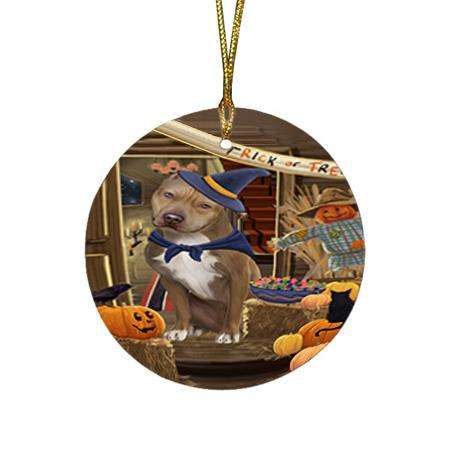 Enter at Own Risk Trick or Treat Halloween Pit Bull Dog Round Flat Christmas Ornament RFPOR53205