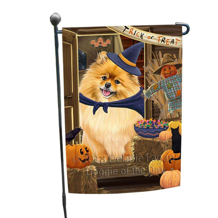 Enter at Own Risk Trick or Treat Halloween Pomeranian Dog Garden Flag GFLG53281