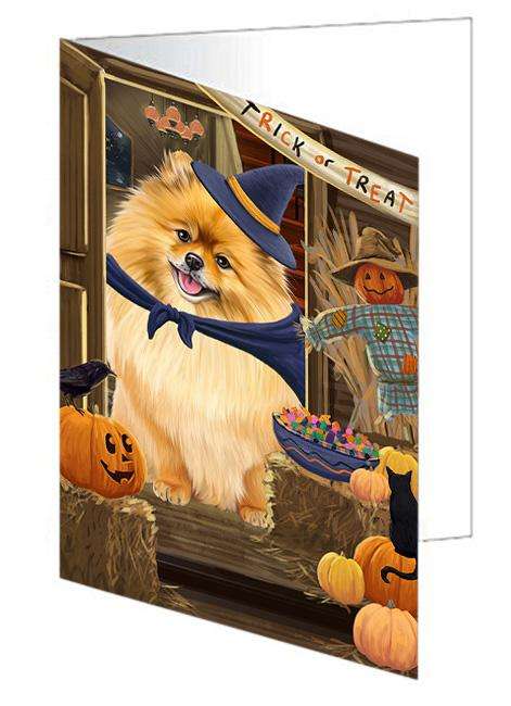 Enter at Own Risk Trick or Treat Halloween Pomeranian Dog Handmade Artwork Assorted Pets Greeting Cards and Note Cards with Envelopes for All Occasions and Holiday Seasons GCD63686