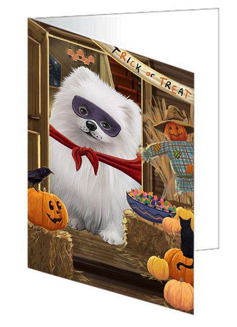 Enter at Own Risk Trick or Treat Halloween Pomeranian Dog Handmade Artwork Assorted Pets Greeting Cards and Note Cards with Envelopes for All Occasions and Holiday Seasons GCD63689