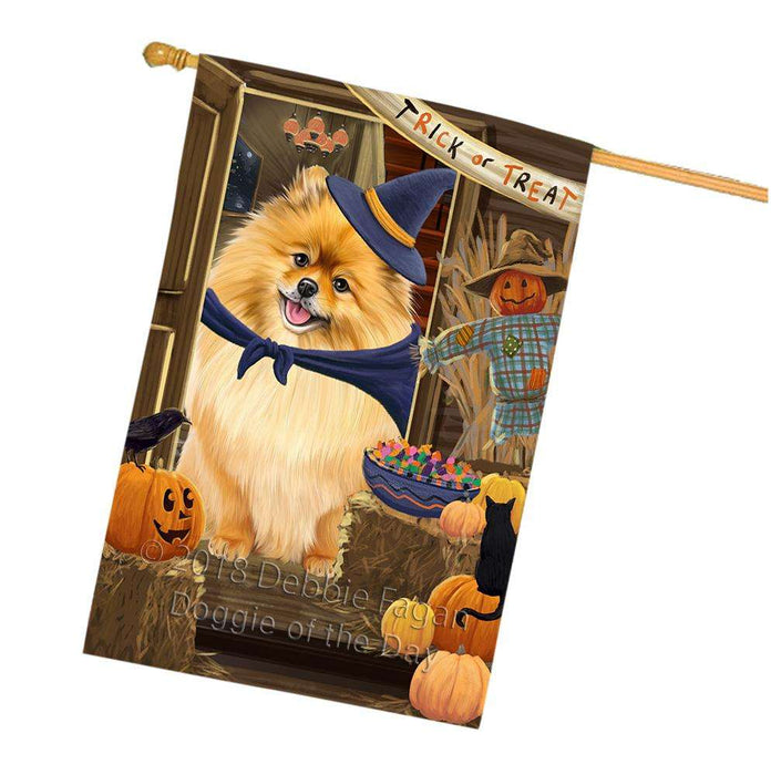 Enter at Own Risk Trick or Treat Halloween Pomeranian Dog House Flag FLG53417