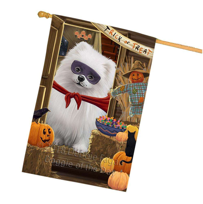 Enter at Own Risk Trick or Treat Halloween Pomeranian Dog House Flag FLG53418