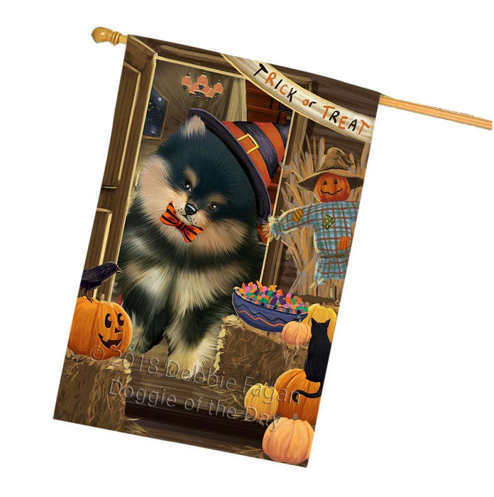 Enter at Own Risk Trick or Treat Halloween Pomeranian Dog House Flag FLG53421