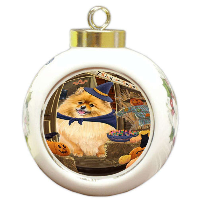 Enter at Own Risk Trick or Treat Halloween Pomeranian Dog Round Ball Christmas Ornament RBPOR53219
