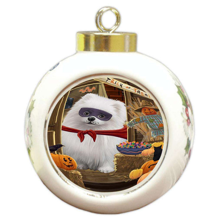 Enter at Own Risk Trick or Treat Halloween Pomeranian Dog Round Ball Christmas Ornament RBPOR53220