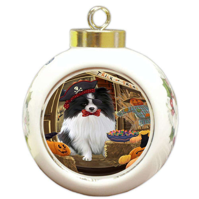 Enter at Own Risk Trick or Treat Halloween Pomeranian Dog Round Ball Christmas Ornament RBPOR53221