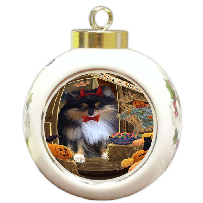 Enter at Own Risk Trick or Treat Halloween Pomeranian Dog Round Ball Christmas Ornament RBPOR53222