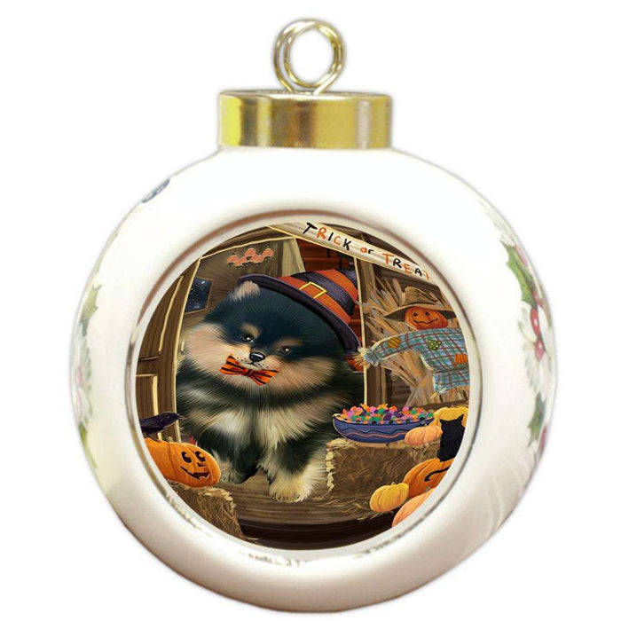 Enter at Own Risk Trick or Treat Halloween Pomeranian Dog Round Ball Christmas Ornament RBPOR53223