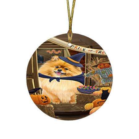 Enter at Own Risk Trick or Treat Halloween Pomeranian Dog Round Flat Christmas Ornament RFPOR53210