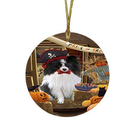 Enter at Own Risk Trick or Treat Halloween Pomeranian Dog Round Flat Christmas Ornament RFPOR53212