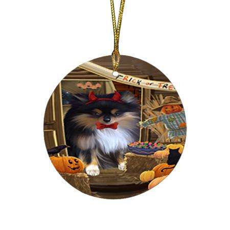 Enter at Own Risk Trick or Treat Halloween Pomeranian Dog Round Flat Christmas Ornament RFPOR53213