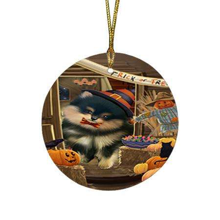 Enter at Own Risk Trick or Treat Halloween Pomeranian Dog Round Flat Christmas Ornament RFPOR53214