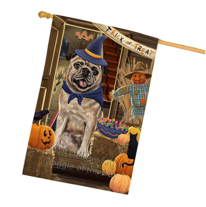 Enter at Own Risk Trick or Treat Halloween Pug Dog House Flag FLG53427