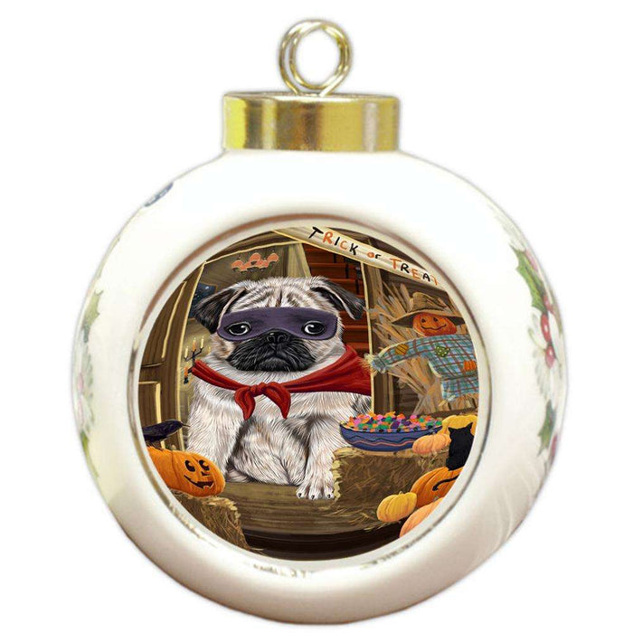 Enter at Own Risk Trick or Treat Halloween Pug Dog Round Ball Christmas Ornament RBPOR53230