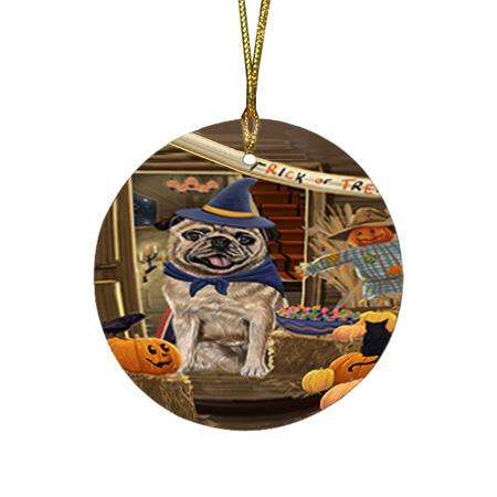 Enter at Own Risk Trick or Treat Halloween Pug Dog Round Flat Christmas Ornament RFPOR53220